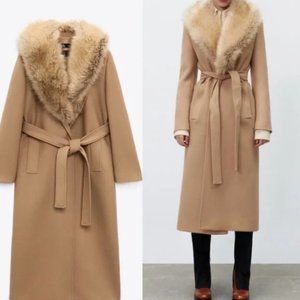 Zara Fur Collar Tan Belted Wool Coat sz M NWT
